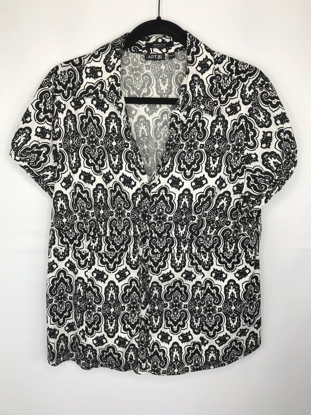 APT. 9 Essential 1X Button Up Top Black White Paisley Medallion Cropped V-neck